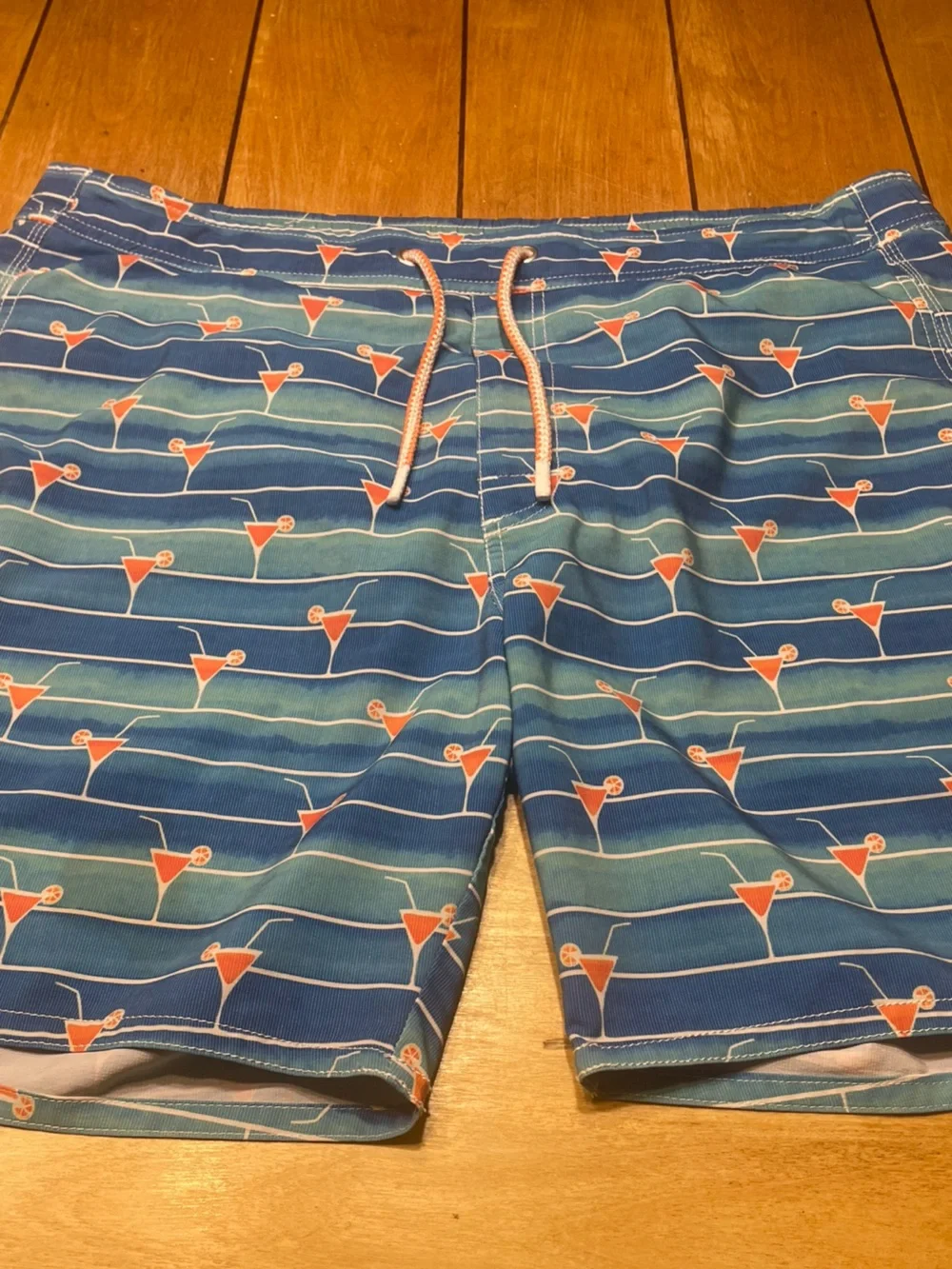 johnnie-O Blue and Orange Striped Swim Trunks with Cocktail AOP Shorts Medium